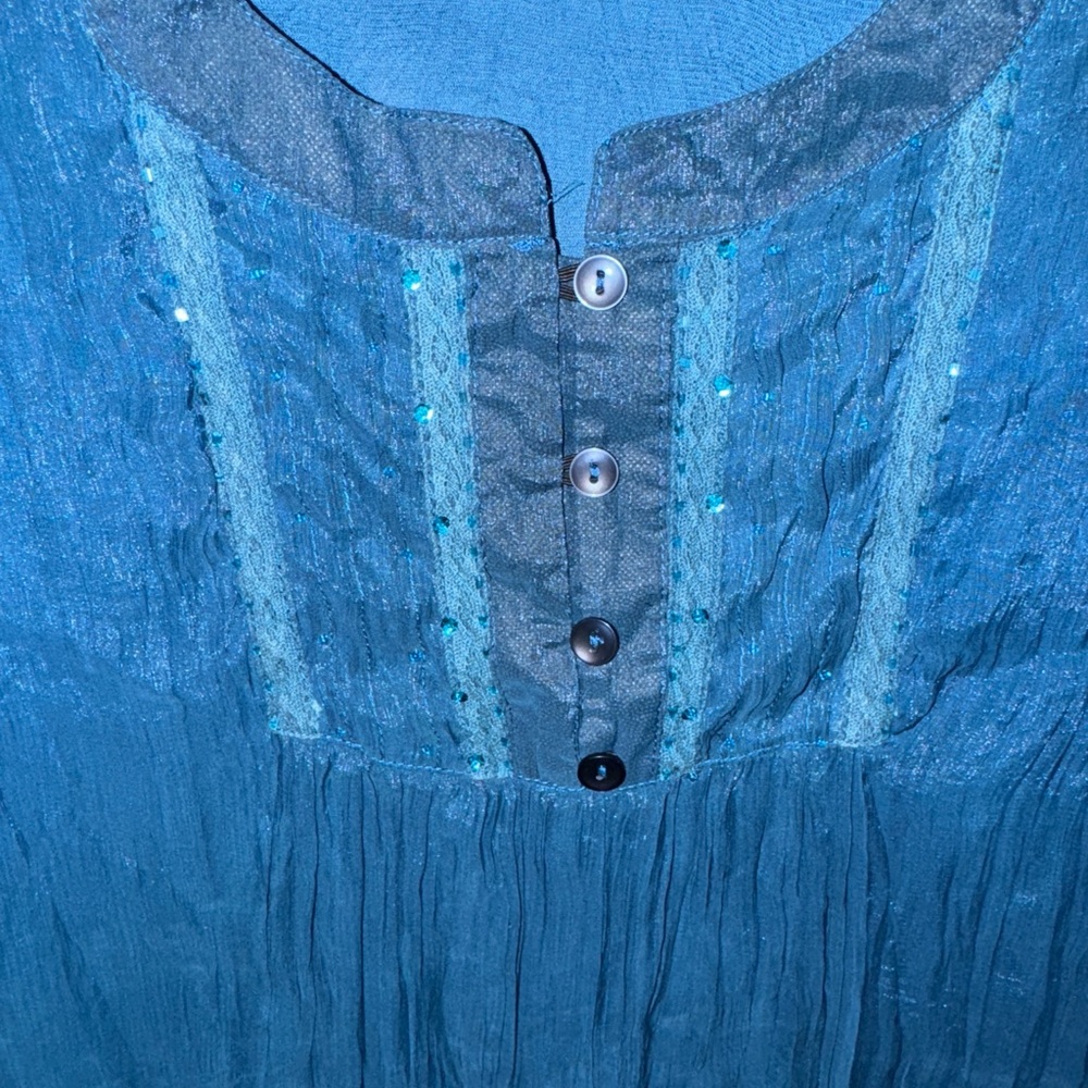 L Fashion Dark Teal-Blue Semi-Sheer Crinkled Peasant Blouse Fairy-Core Boho Top - Picture 4 of 6